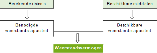 Een stroomschema van hoe zowel de berekende risico's via de benodigde weerstandscapaciteit als de beschikbare middelen via de beschikbare weerstandscapaciteit leiden tot het weerstandsvermogen.